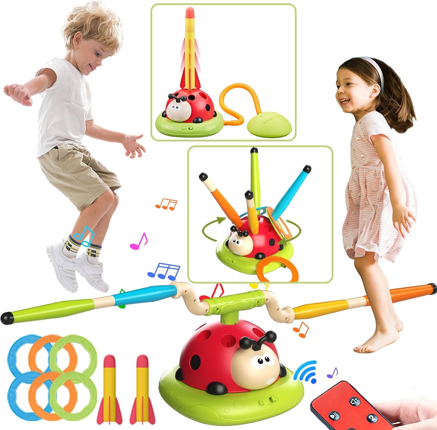 3 In 1 Jump, Ring Toss Game, Stomps & Rocket Launcher for Kids