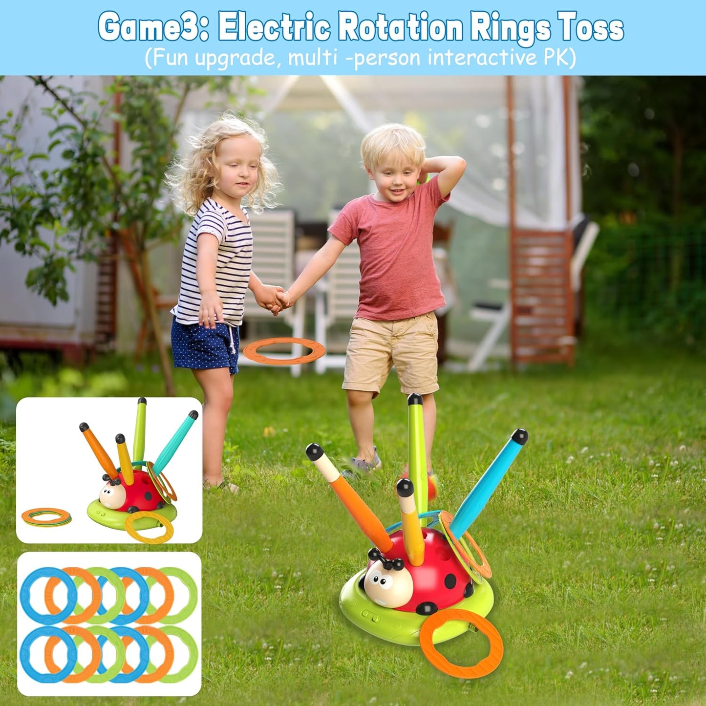 3 In 1 Jump, Ring Toss Game, Stomps & Rocket Launcher for Kids