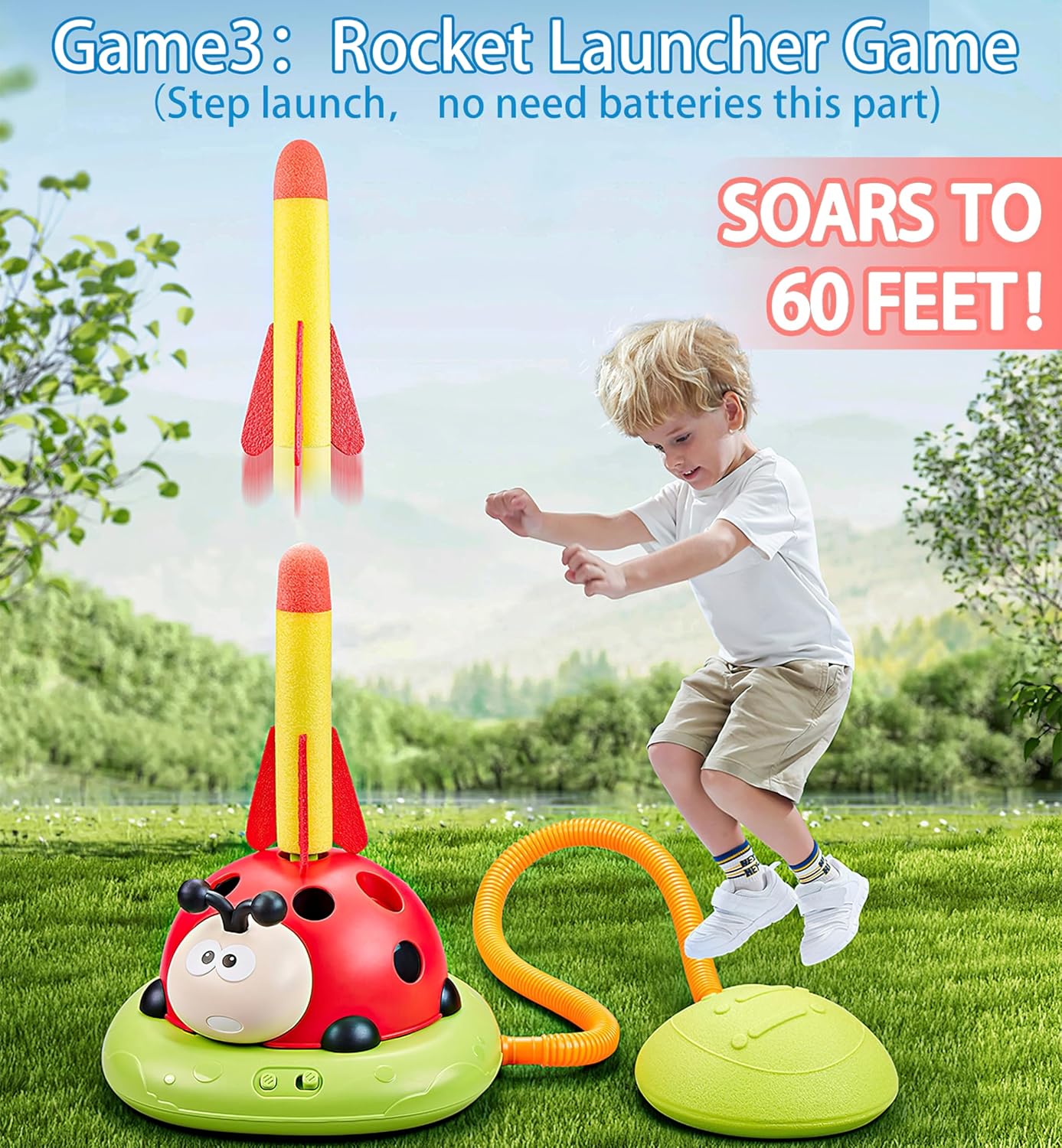 3 In 1 Jump, Ring Toss Game, Stomps & Rocket Launcher for Kids